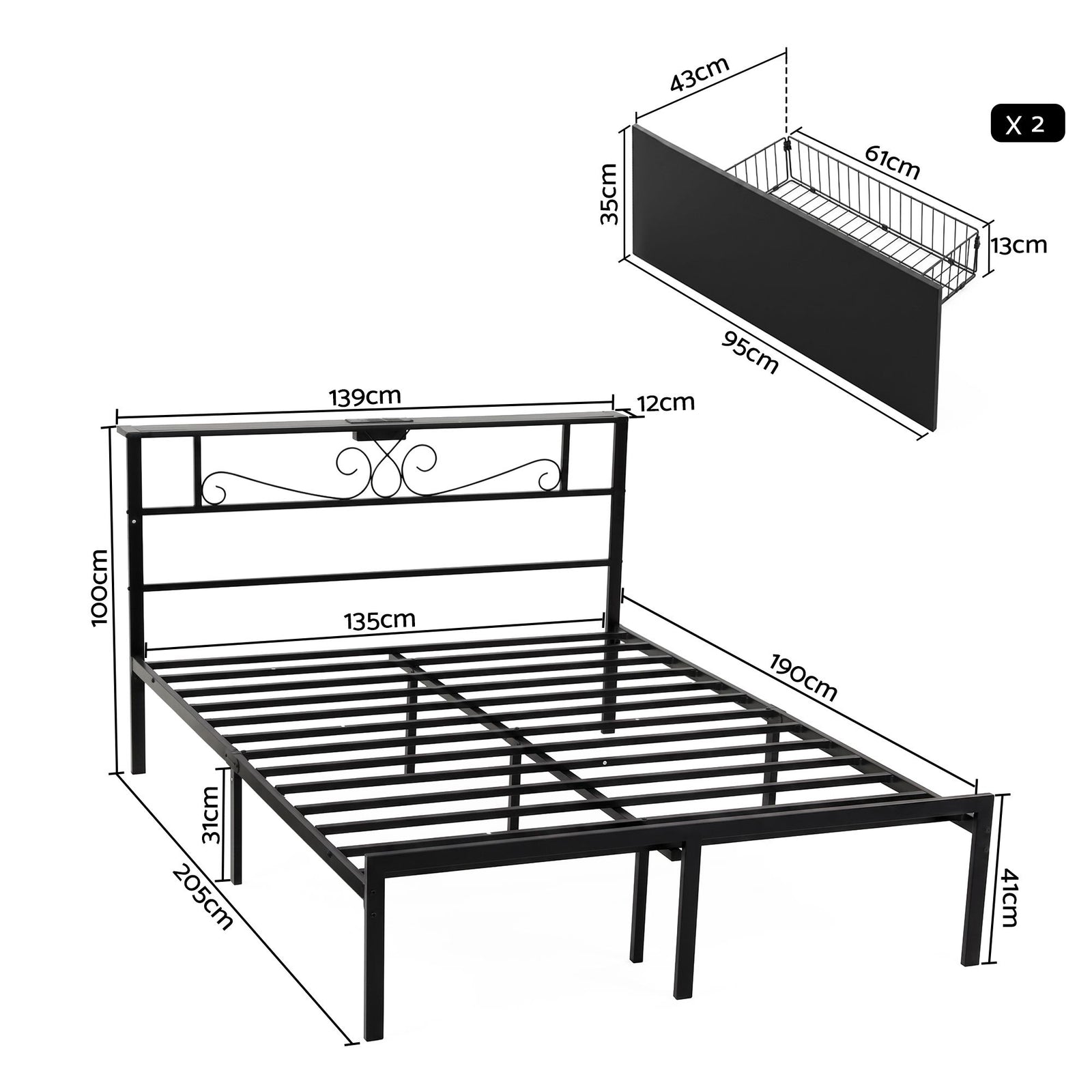 Double Bed Frame with Charging Station & Storage Drawers Metal