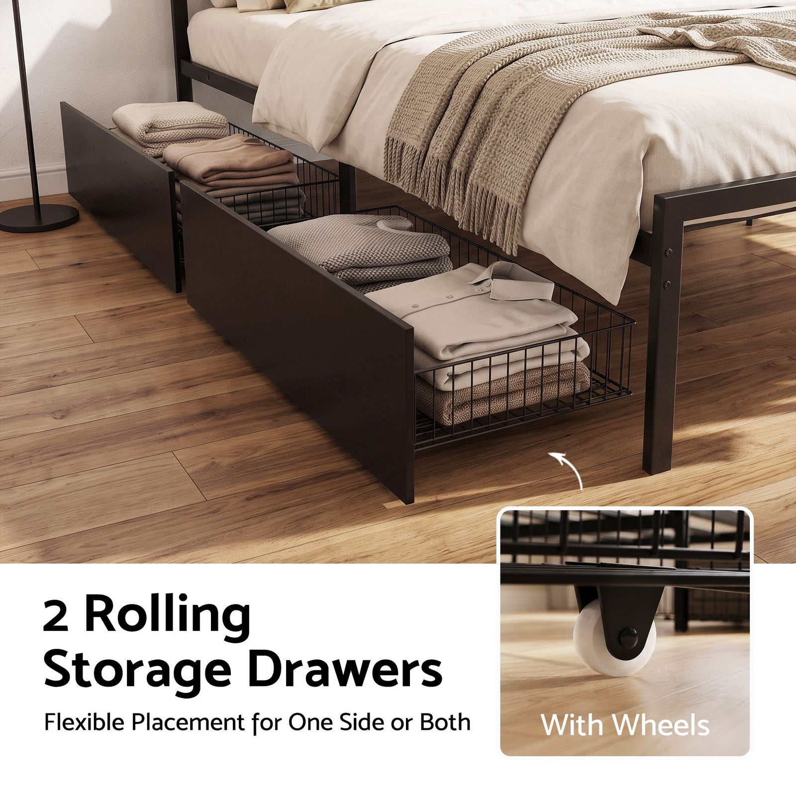 Double Bed Frame with Charging Station & Storage Drawers Metal