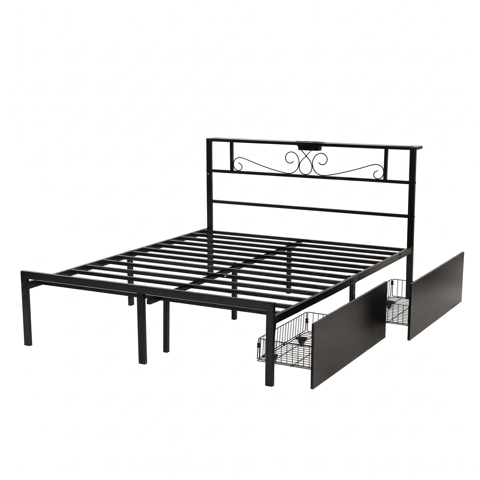Queen Bed Frame with Charging Station & Storage Drawers Metal