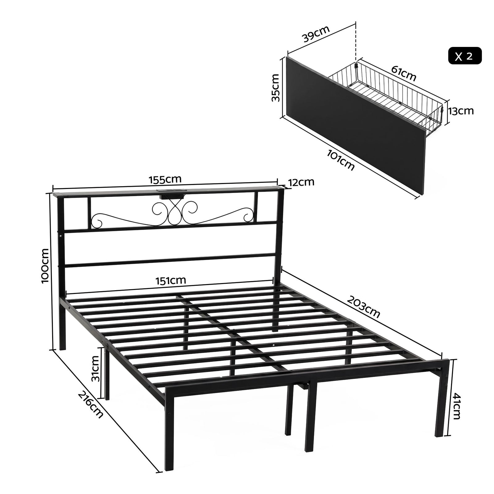 Queen Bed Frame with Charging Station & Storage Drawers Metal