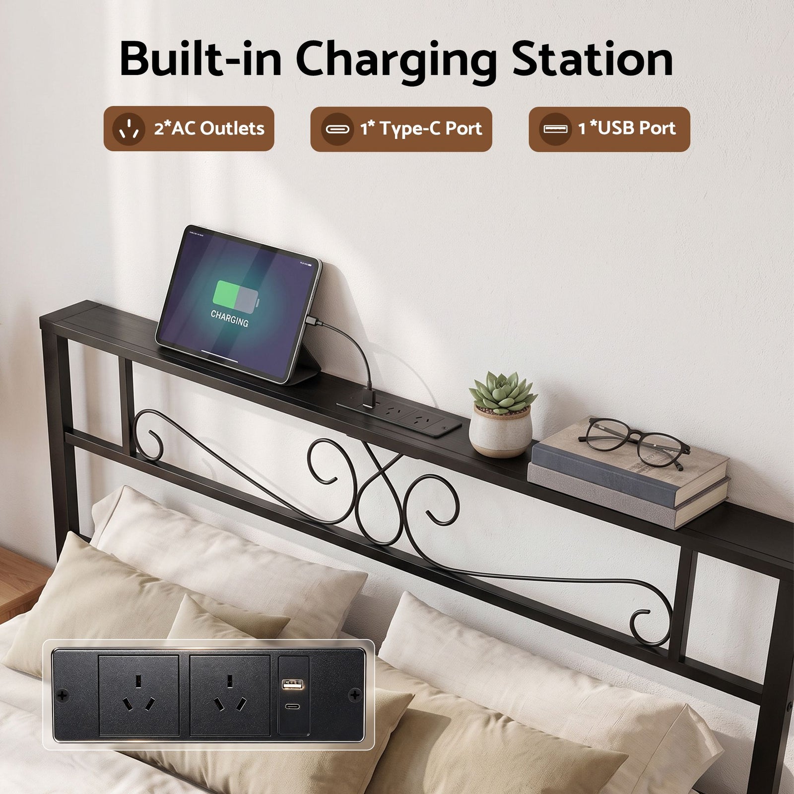 Queen Bed Frame with Charging Station & Storage Drawers Metal