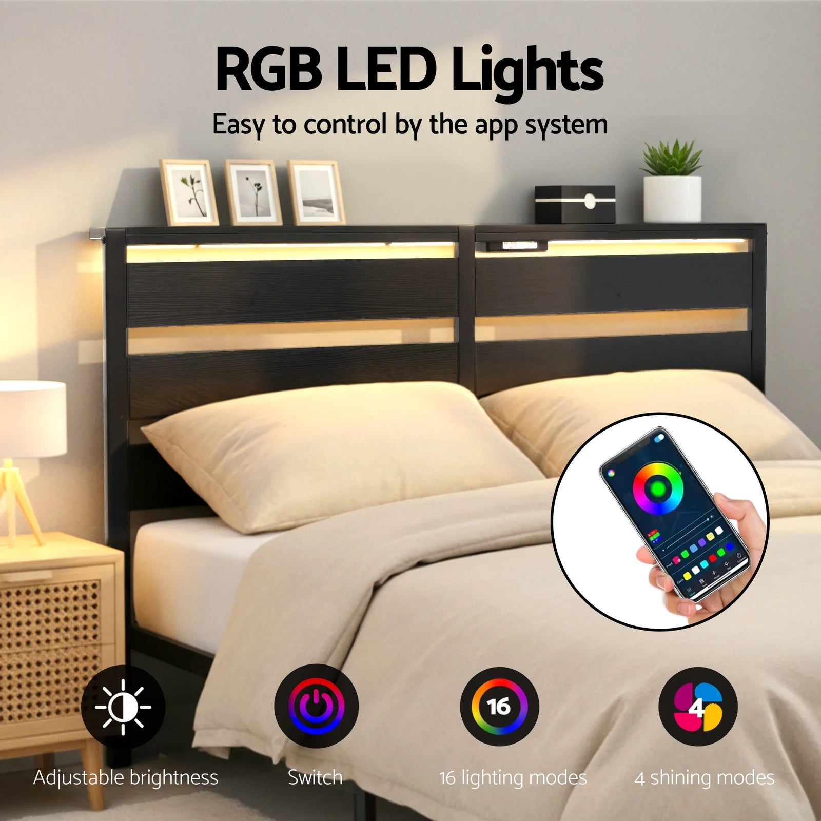 Bed Frame Double Size LED Metal Bed Base with Charging Station