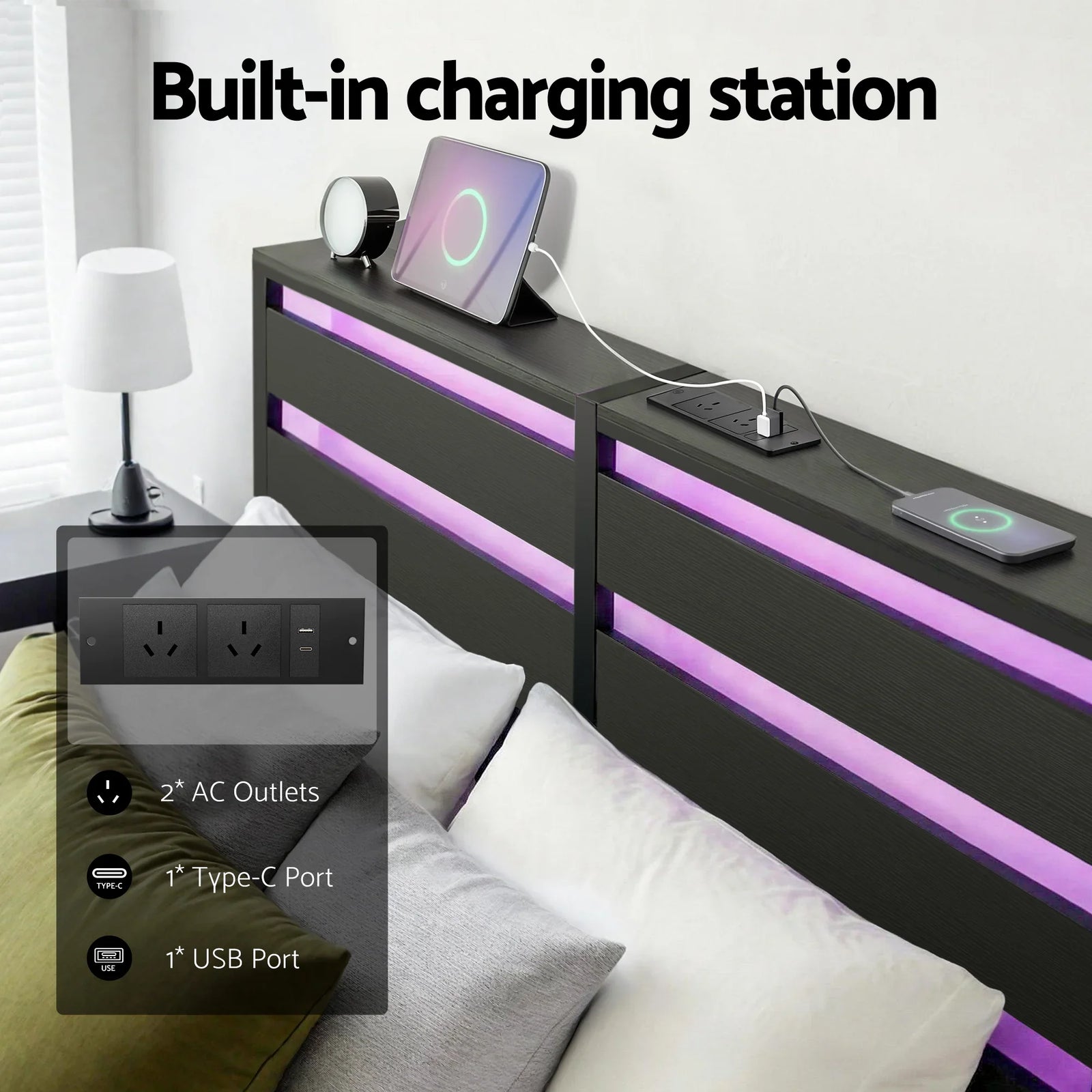 Bed Frame Queen Size LED Metal Bed Base with Charging Station
