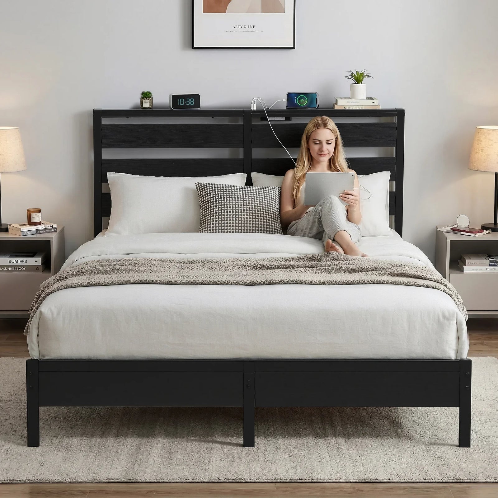 Bed Frame Queen Size LED Metal Bed Base with Charging Station