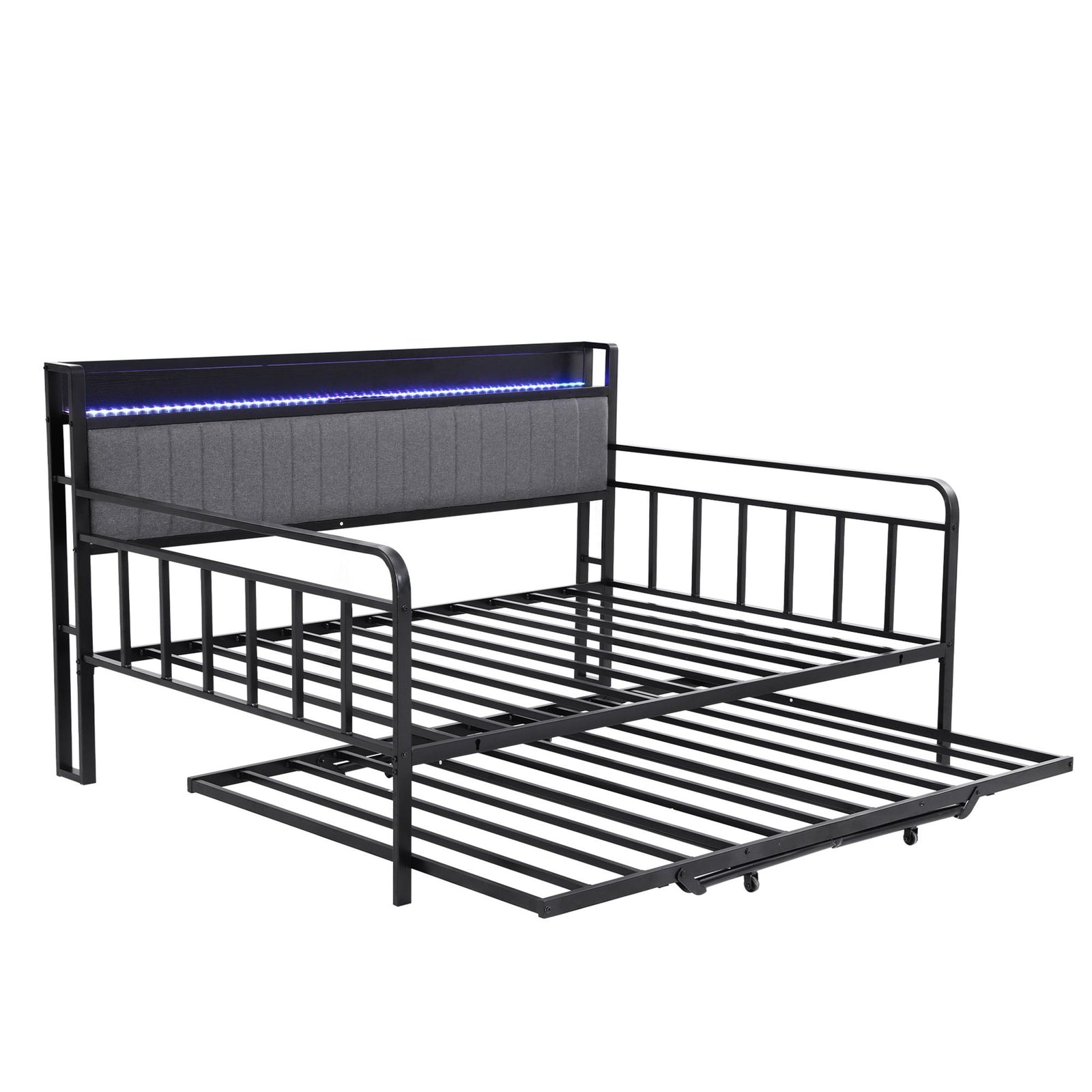 Double Daybed with Trundle – Charging Ports, LED Frame, Storage Headboard