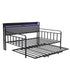 Double Daybed with Trundle – Charging Ports, LED Frame, Storage Headboard