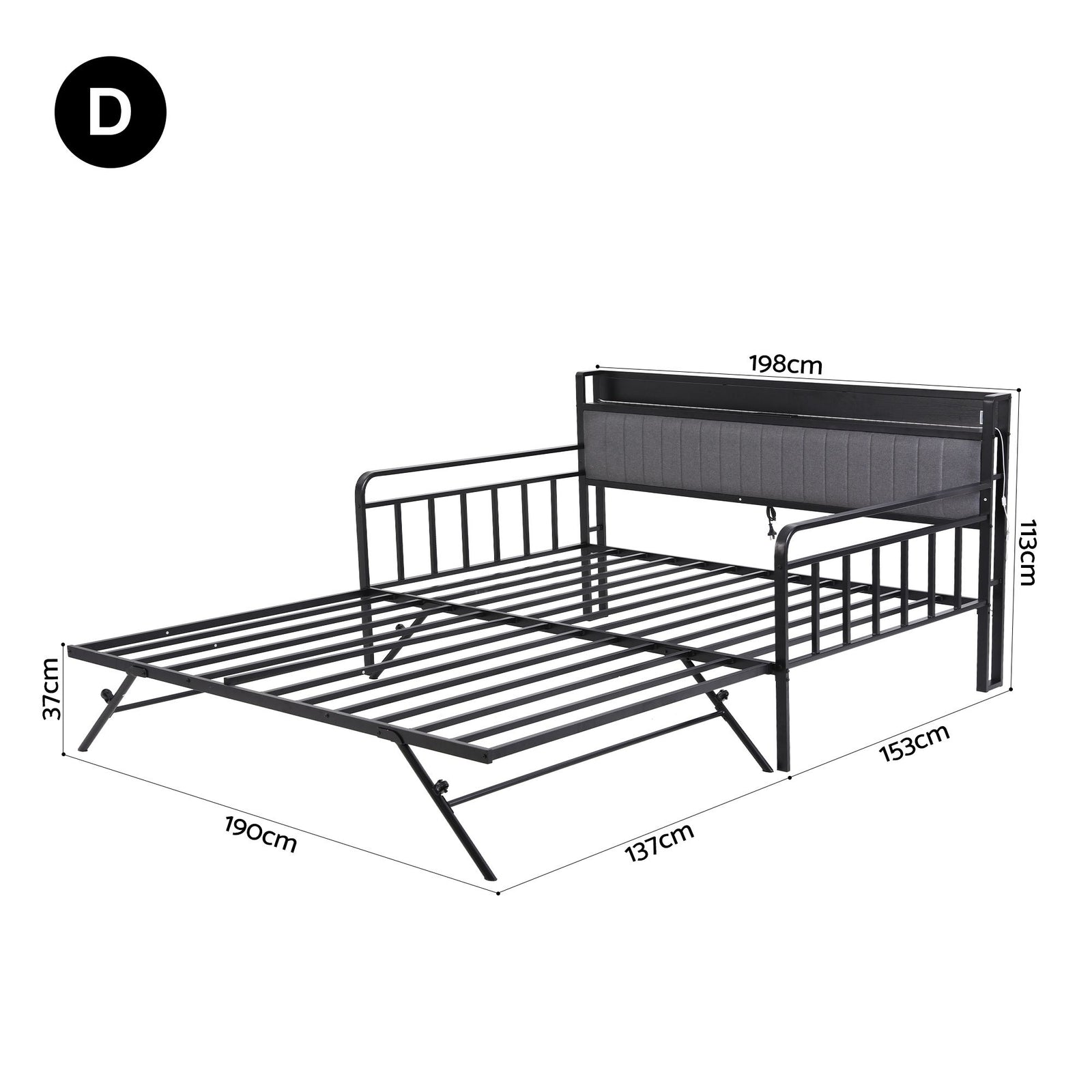 Double Daybed with Trundle – Charging Ports, LED Frame, Storage Headboard