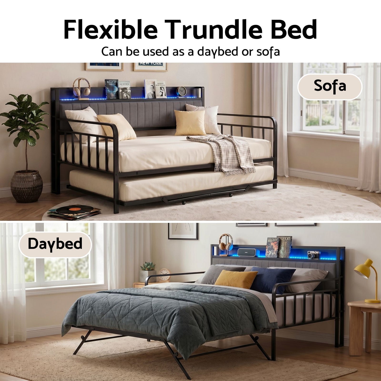 Double Daybed with Trundle – Charging Ports, LED Frame, Storage Headboard