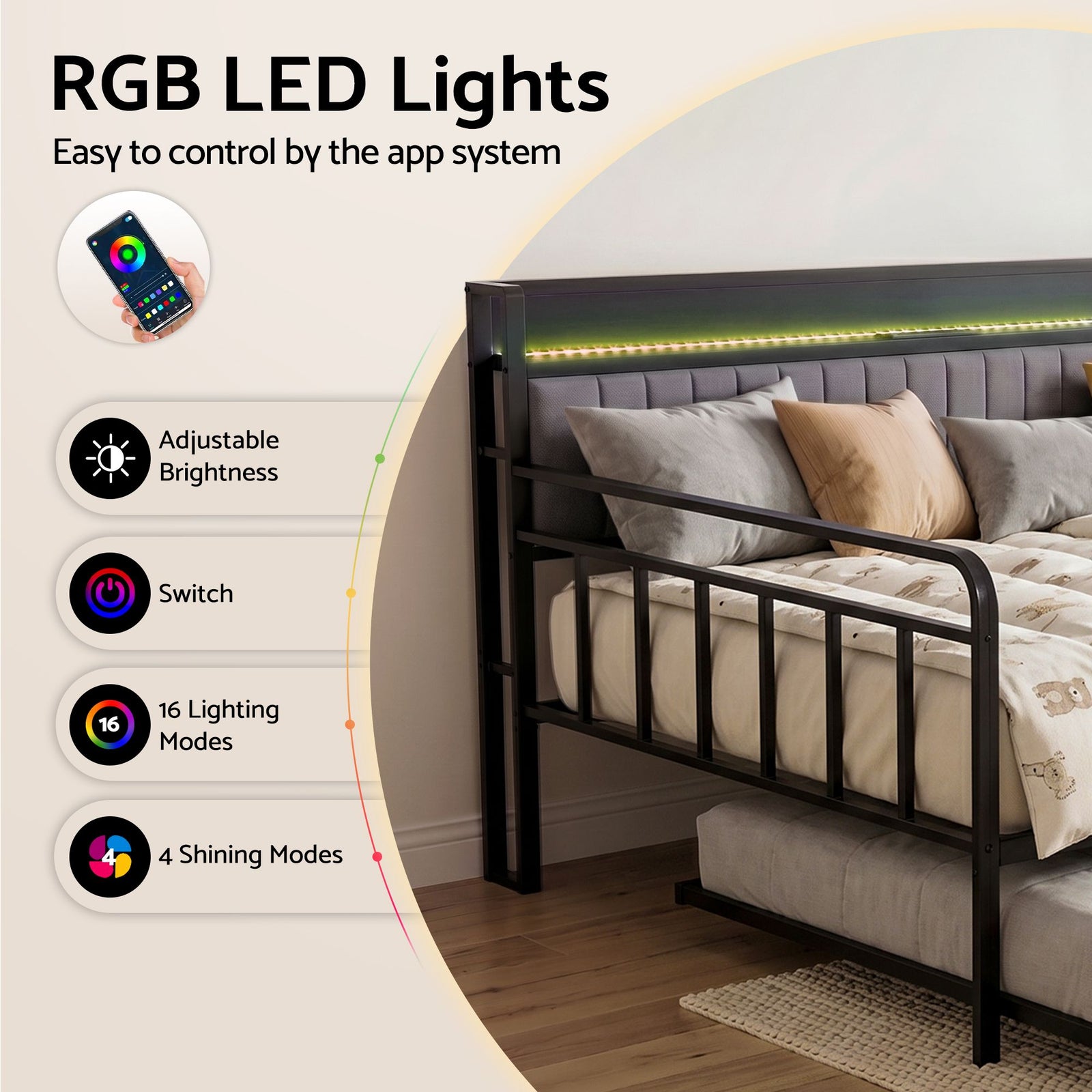 Double Daybed with Trundle – Charging Ports, LED Frame, Storage Headboard