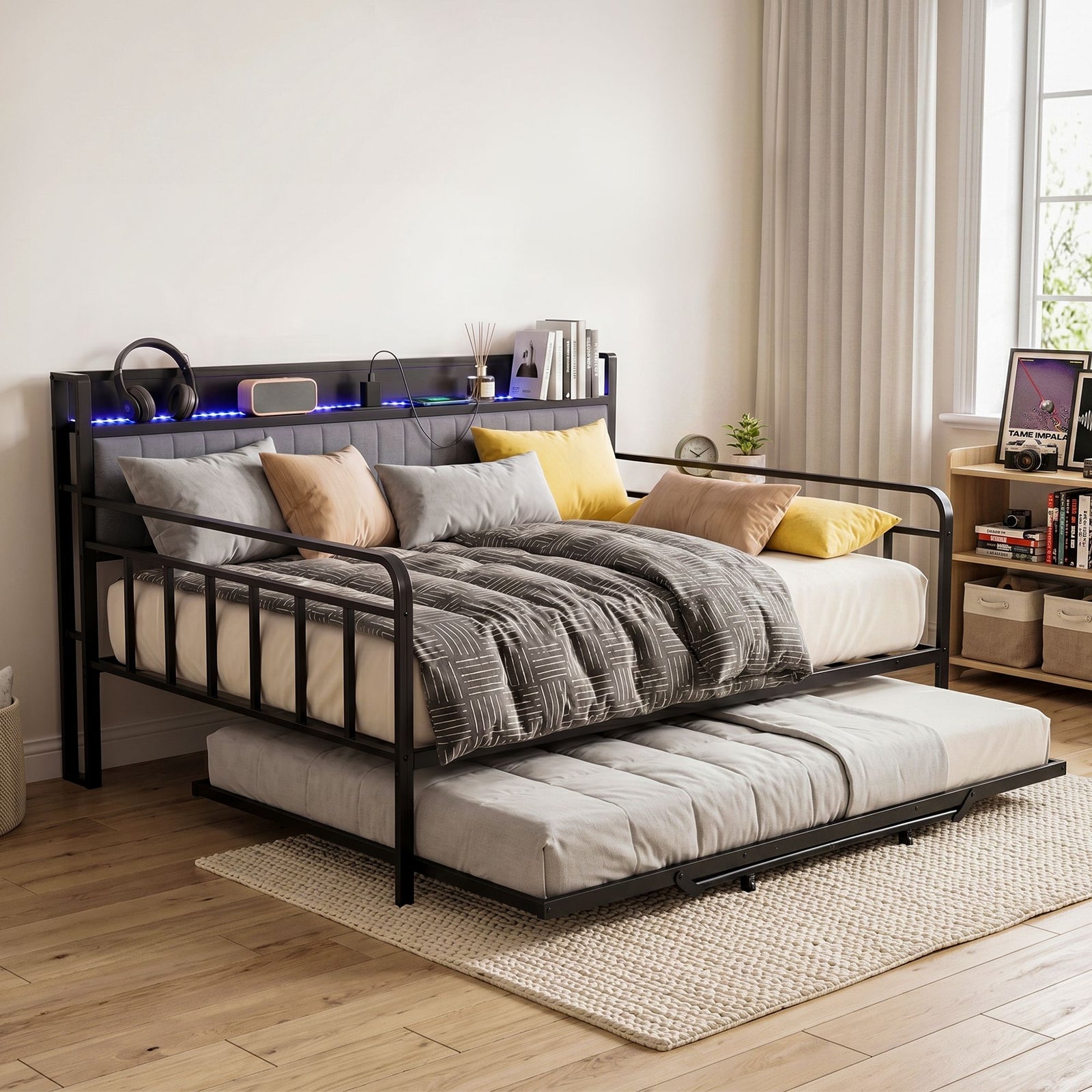 Double Daybed with Trundle – Charging Ports, LED Frame, Storage Headboard