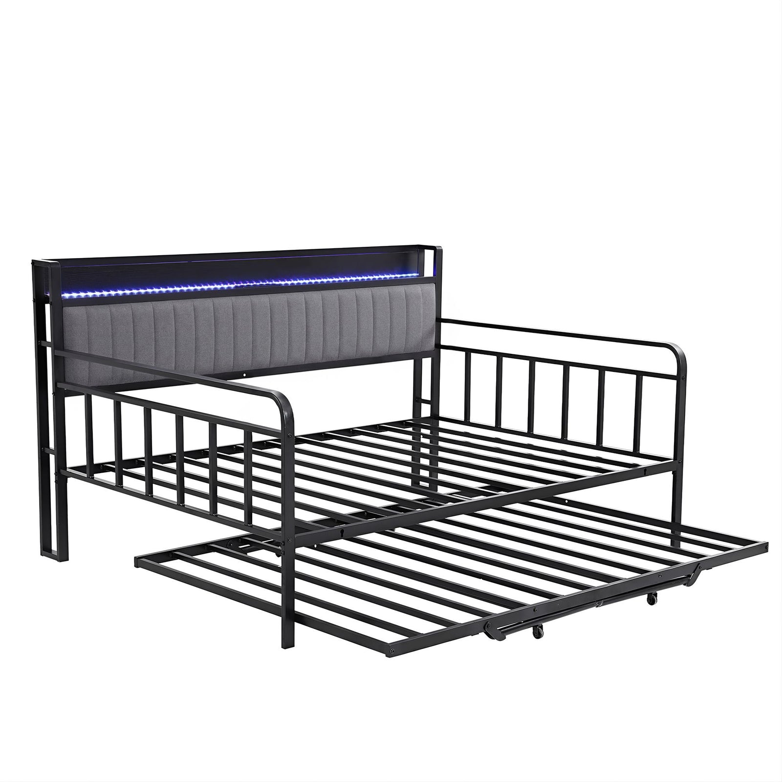 King Single Daybed with Trundle – Charging Ports, LED Frame, Storage Headboard