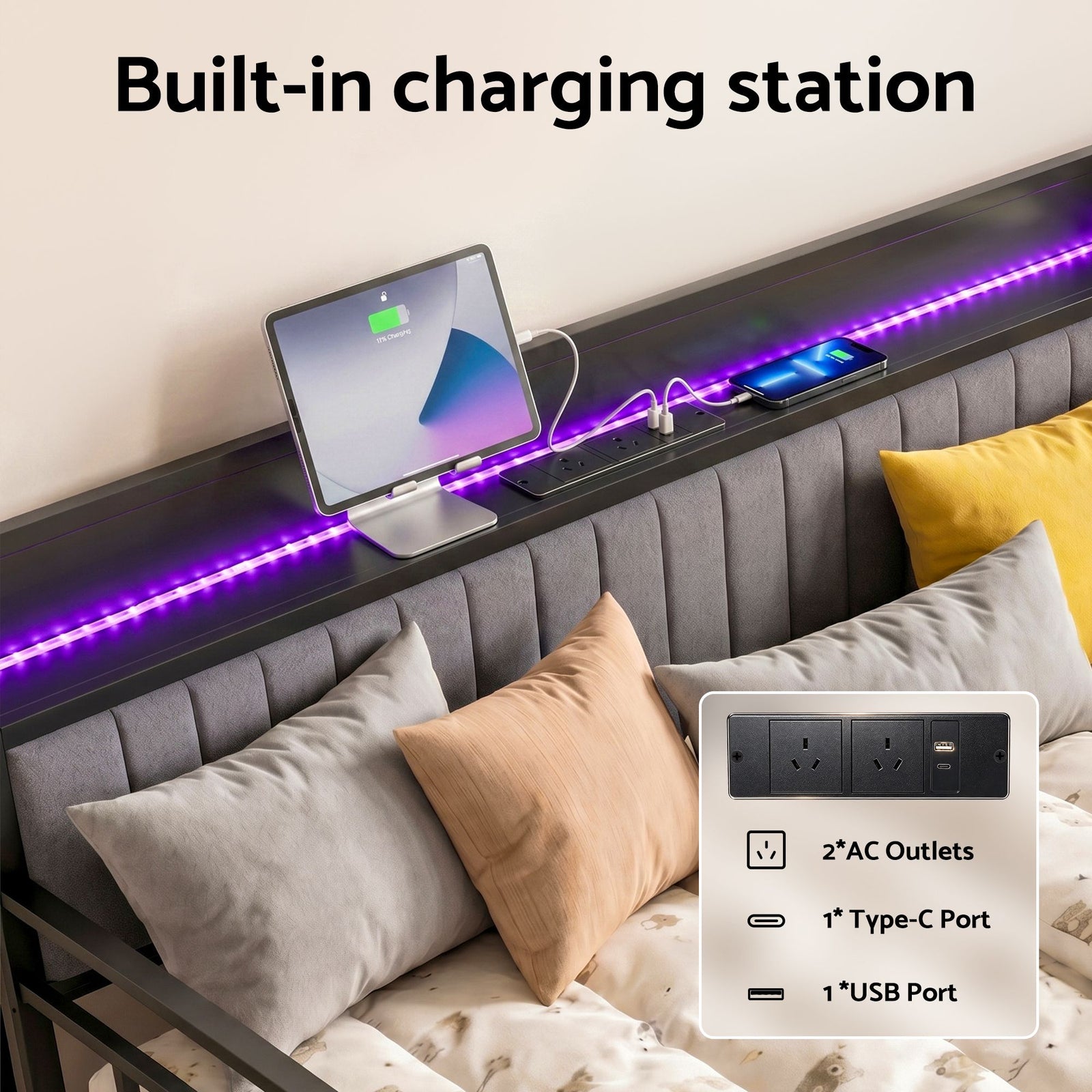 King Single Daybed with Trundle – Charging Ports, LED Frame, Storage Headboard