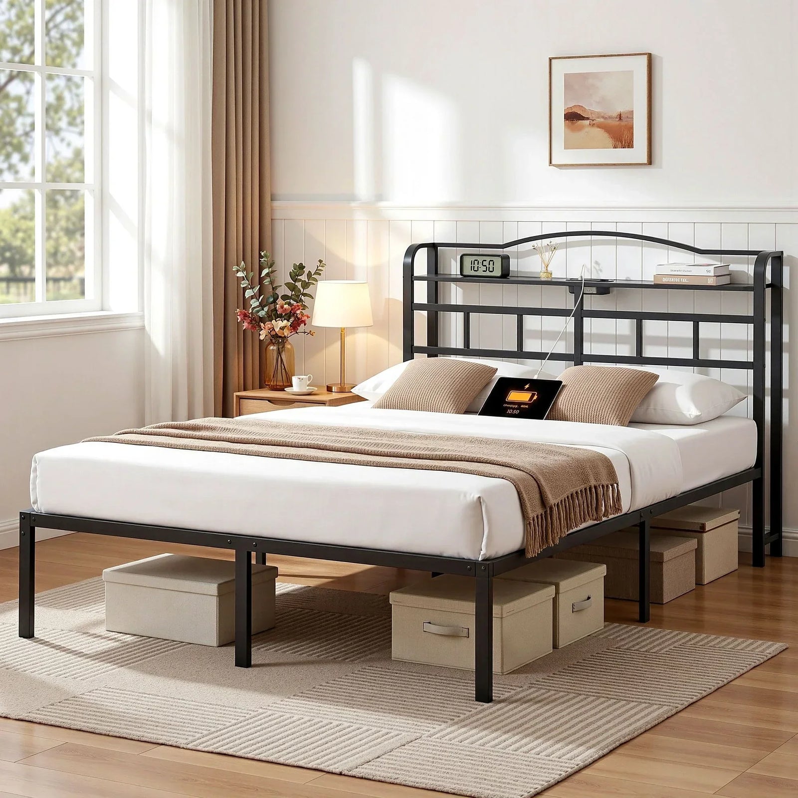 Artiss Queen Bed Frame with Charging Station – WAVE Storage Headboard Black