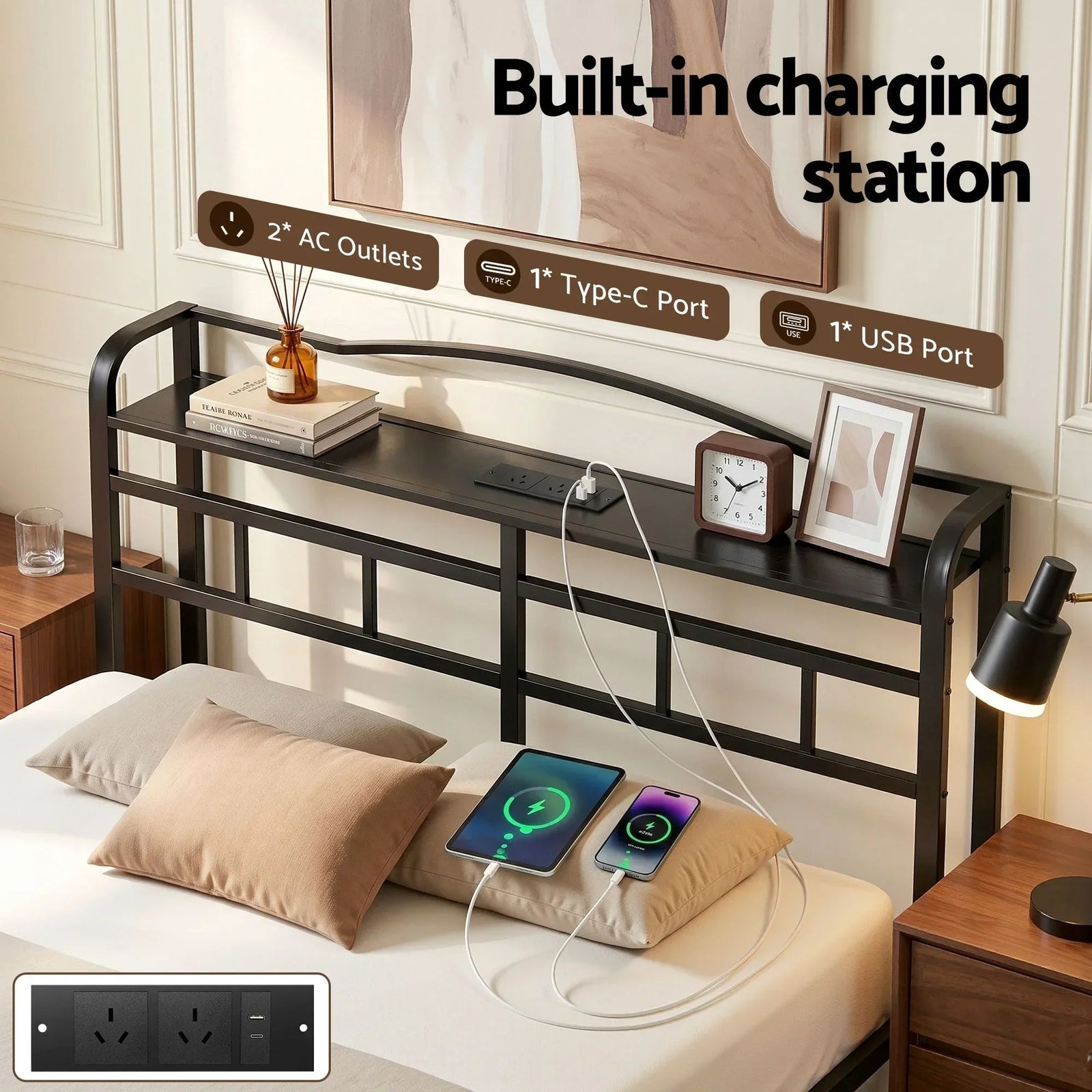 Artiss Queen Bed Frame with Charging Station – WAVE Storage Headboard Black