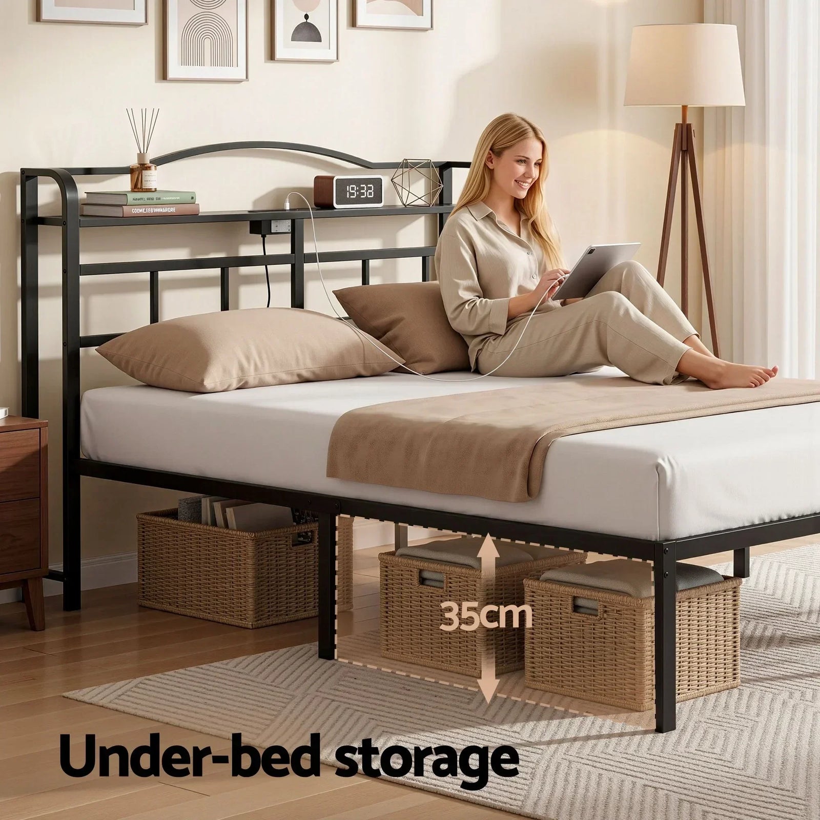 Artiss Queen Bed Frame with Charging Station – WAVE Storage Headboard Black