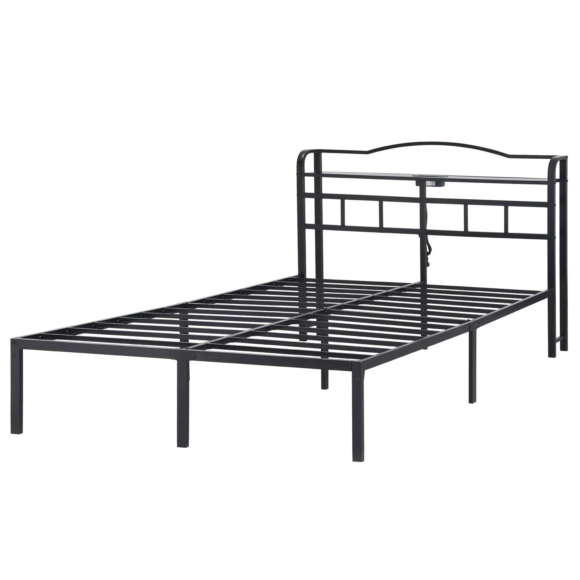 Queen Bed Frame with Charging Station – WAVE Storage Headboard Black