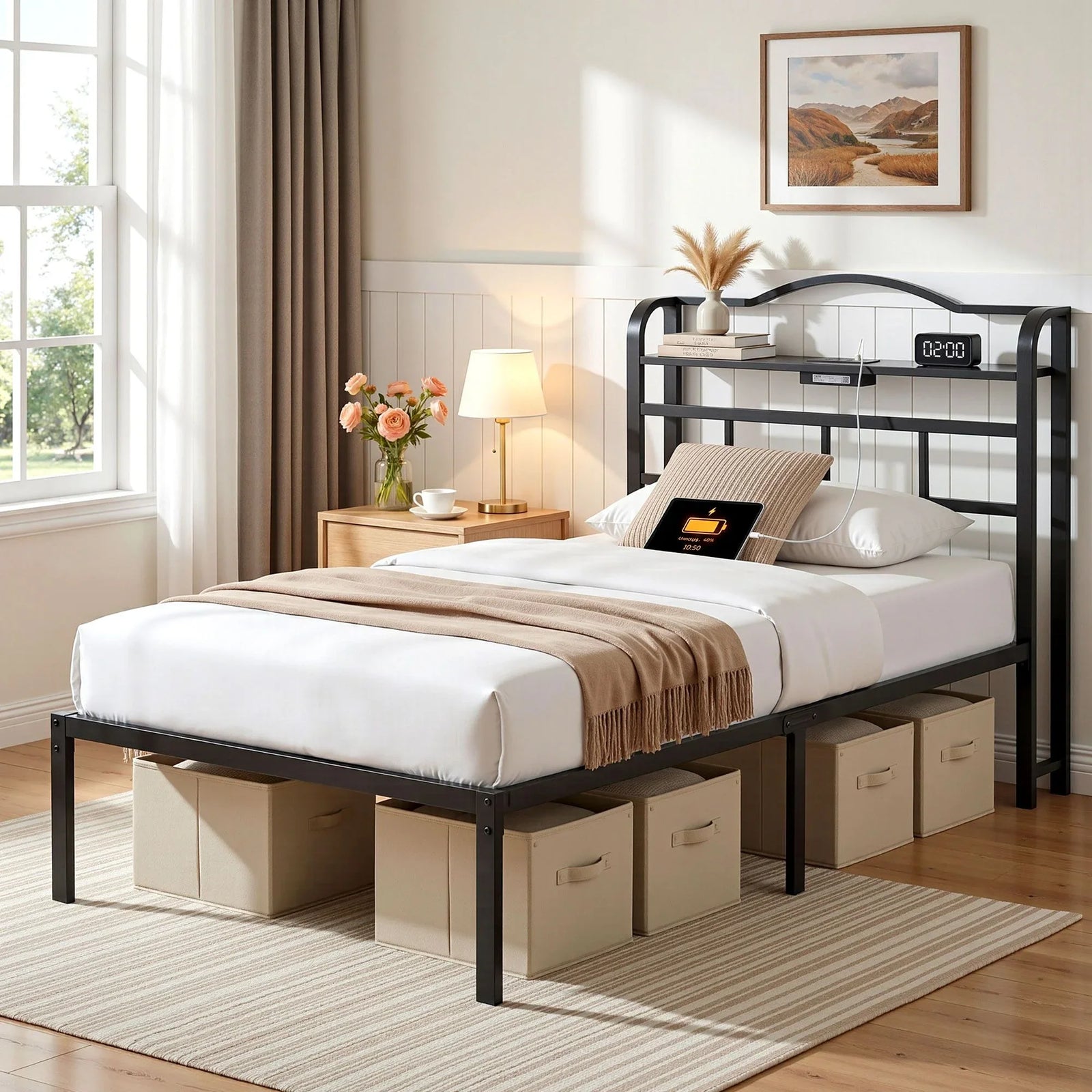 Bed Frame Single Size with Charging Station WAVE