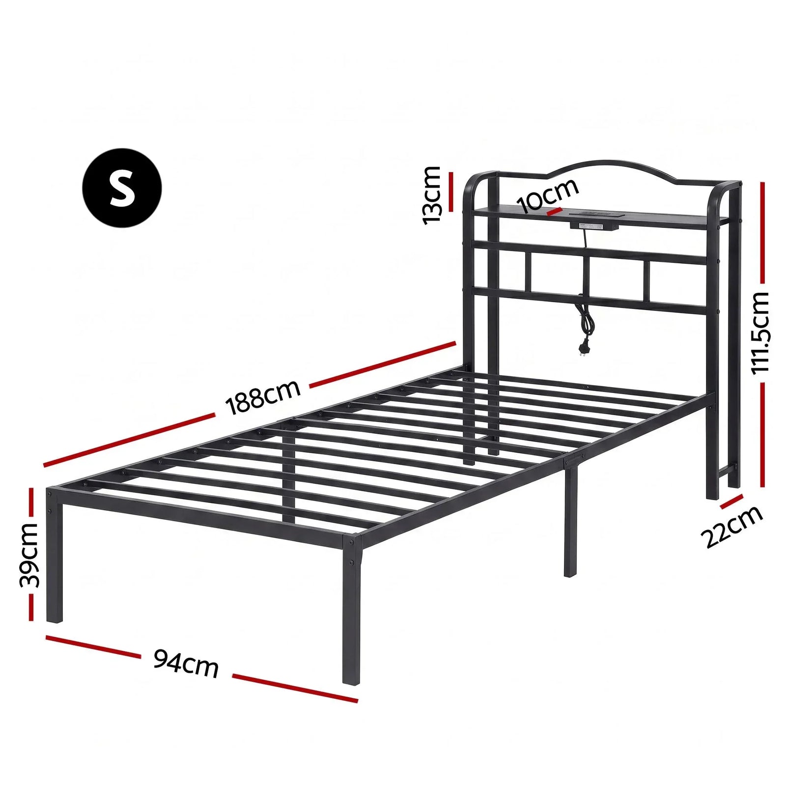 Bed Frame Single Size with Charging Station WAVE