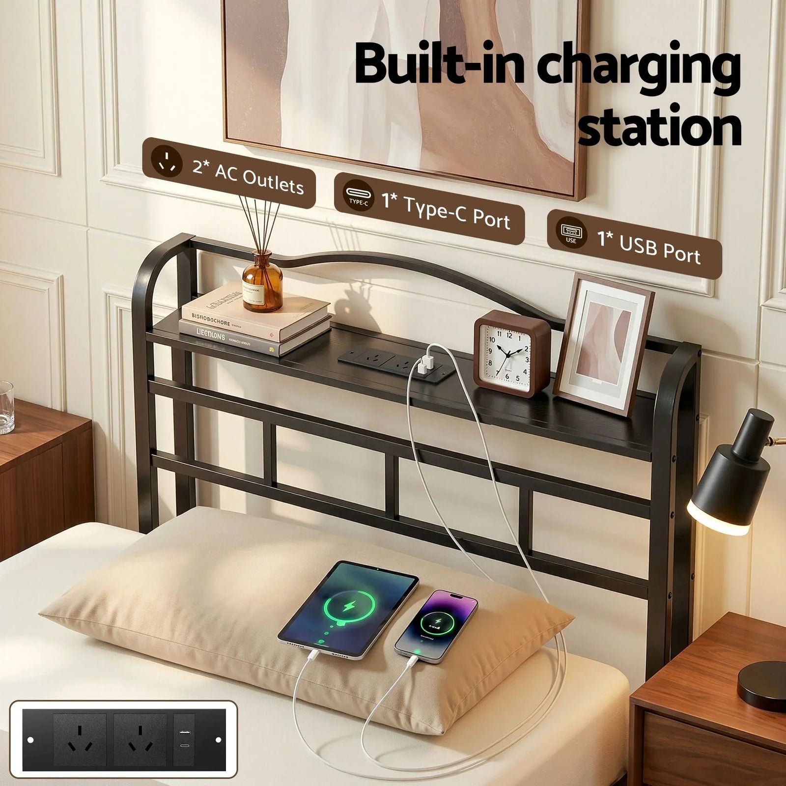 Bed Frame Single Size with Charging Station WAVE