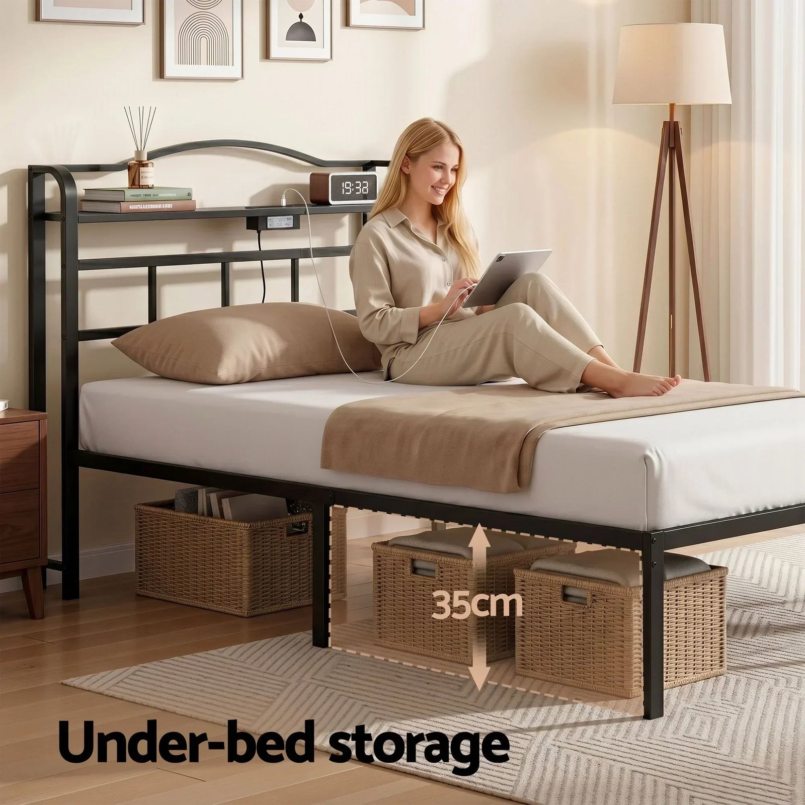 Bed Frame Single Size with Charging Station WAVE