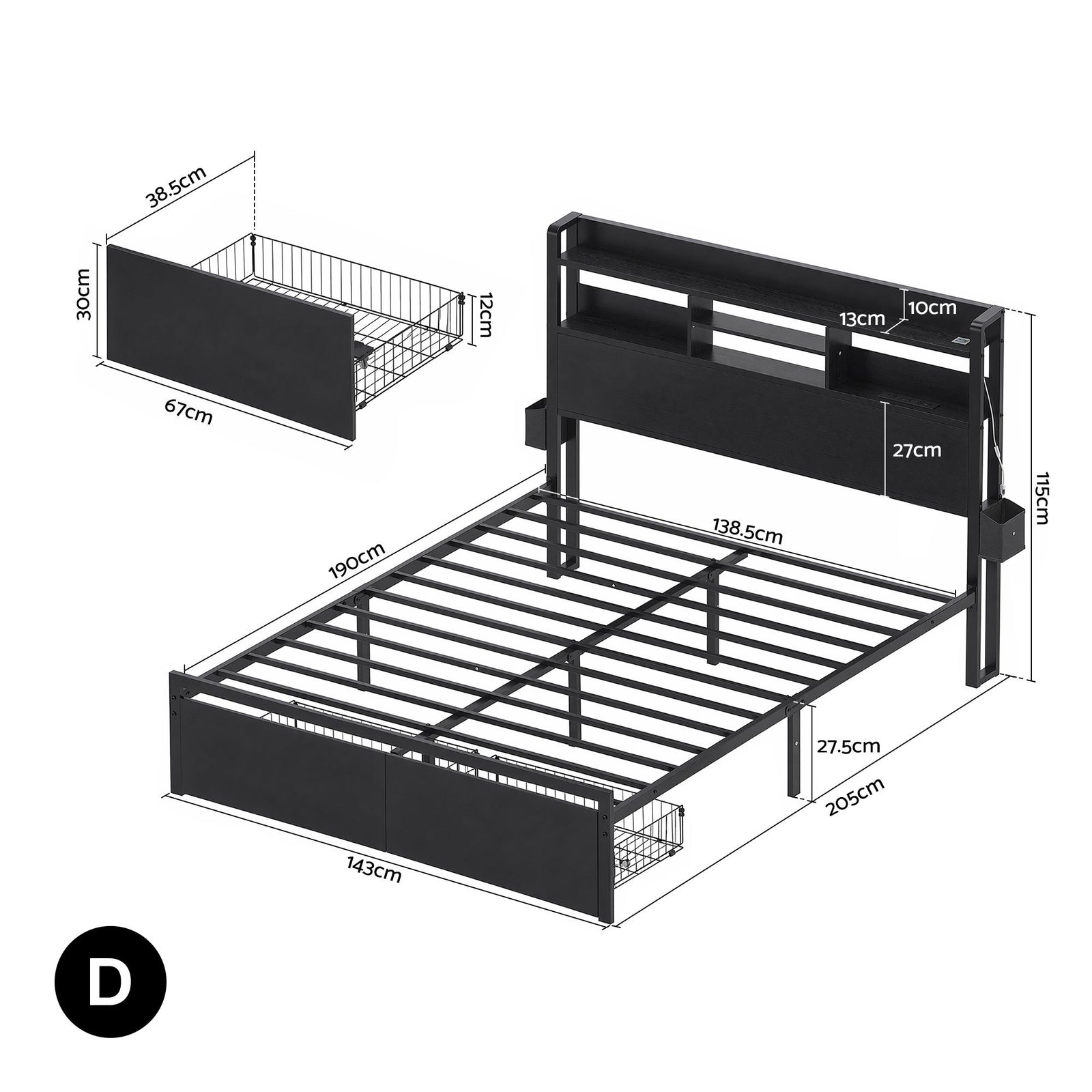 Double Metal Bed Frame – LED, Charging Ports, Drawers, Industrial Black