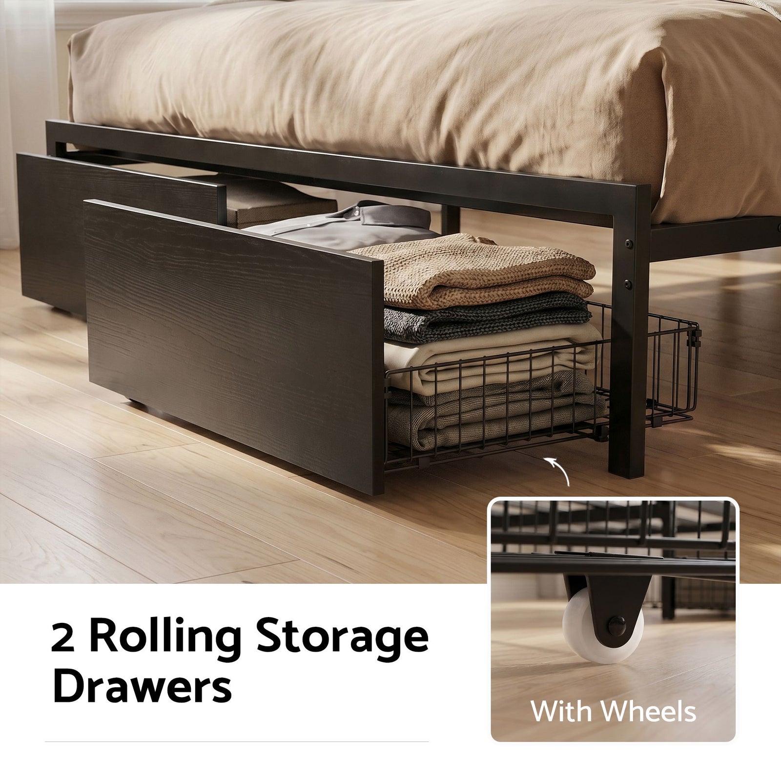 Double Metal Bed Frame – LED, Charging Ports, Drawers, Industrial Black