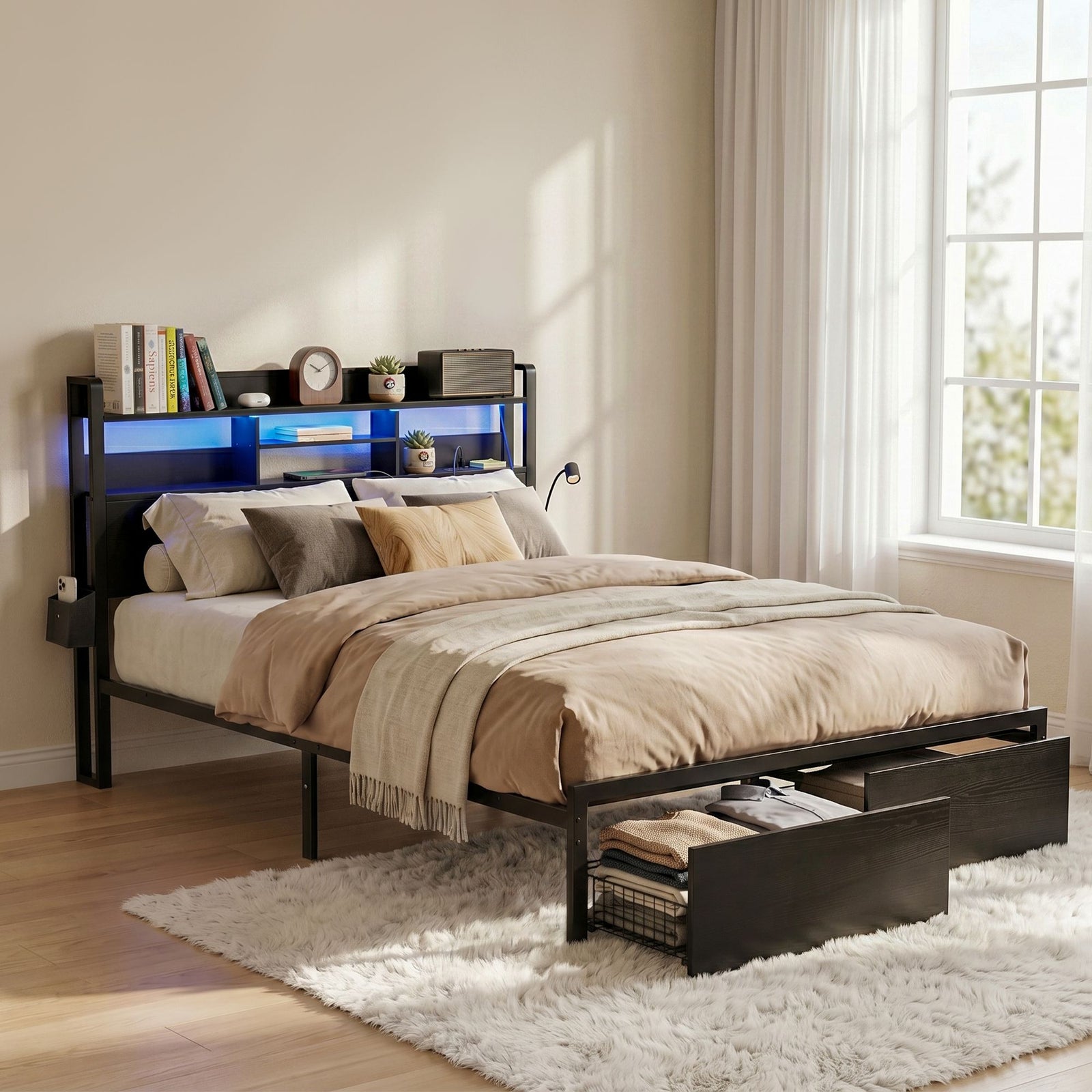 King Metal Bed Frame – LED, Charging Ports, Drawers, Industrial Black