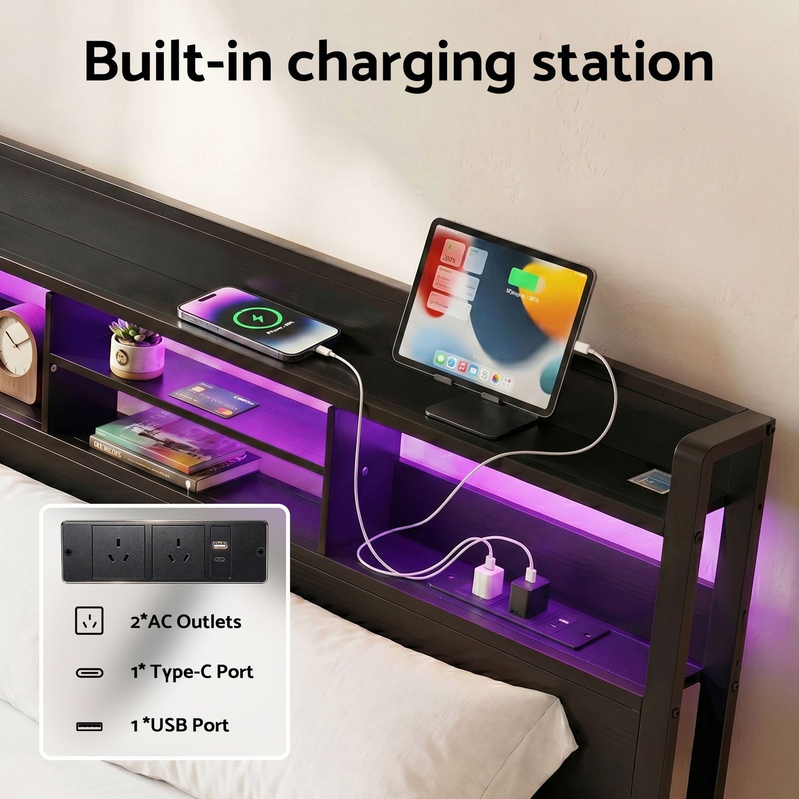 King Metal Bed Frame – LED, Charging Ports, Drawers, Industrial Black