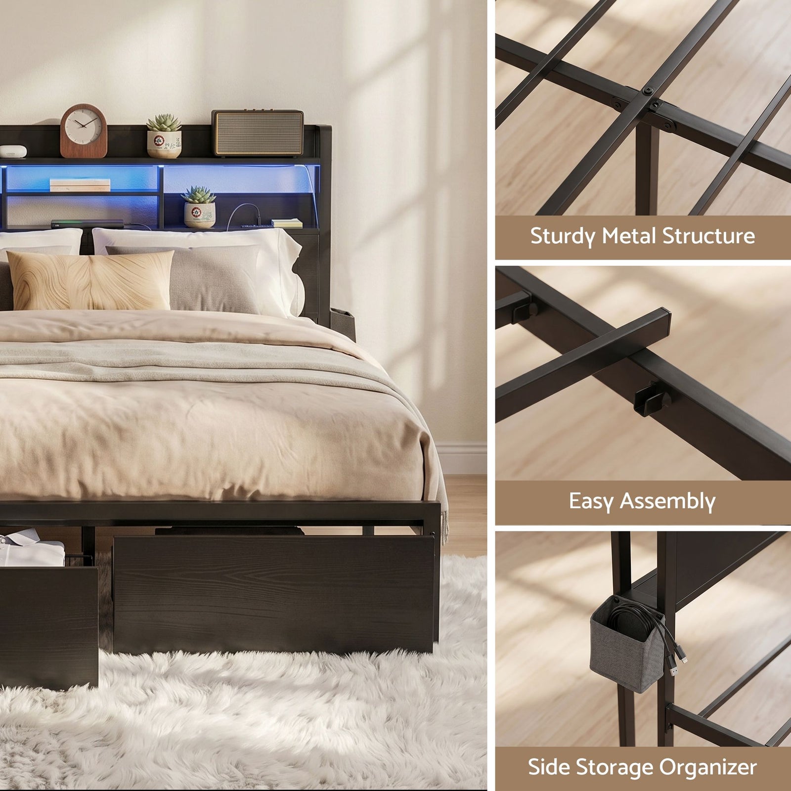 King Metal Bed Frame – LED, Charging Ports, Drawers, Industrial Black
