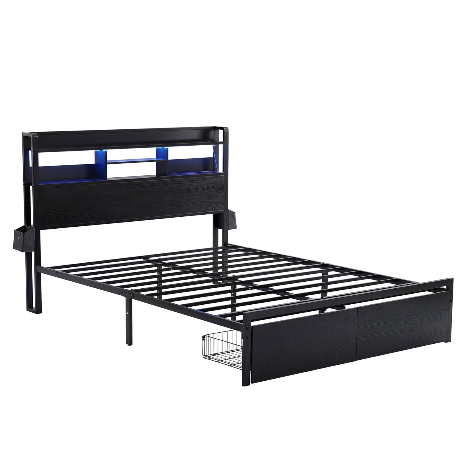 Queen Metal Bed Frame – LED, Charging Ports, Drawers, Industrial Black