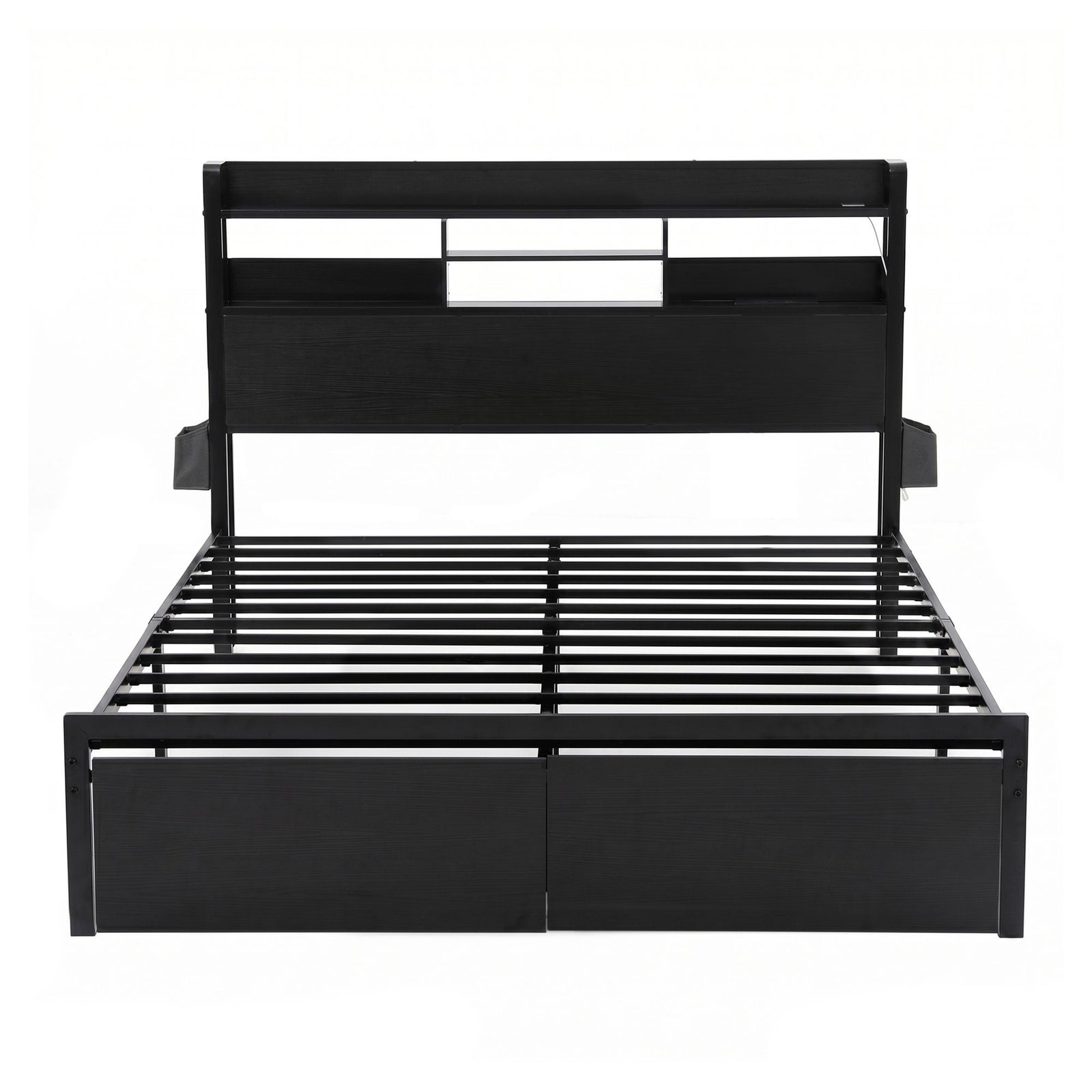 Queen Metal Bed Frame – LED, Charging Ports, Drawers, Industrial Black