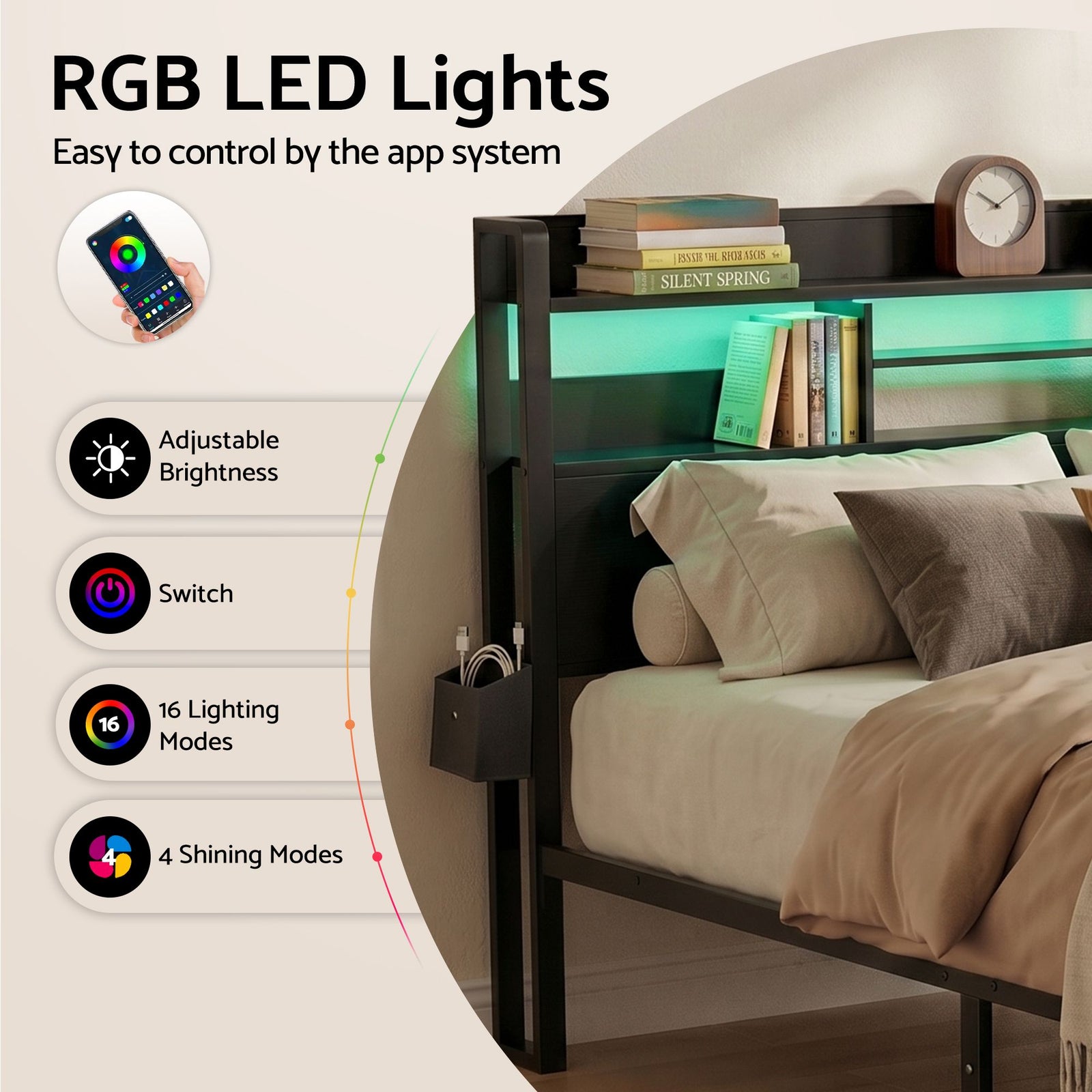 Queen Metal Bed Frame – LED, Charging Ports, Drawers, Industrial Black