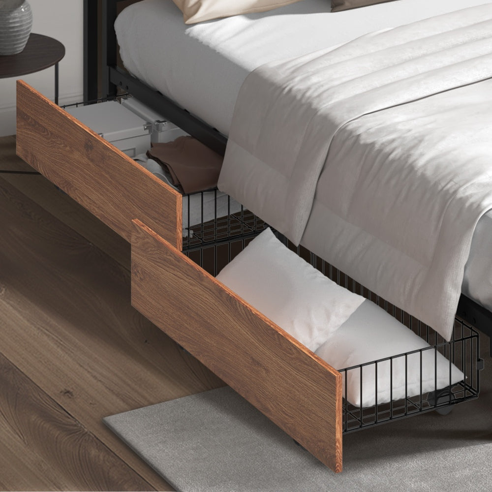 Oikiture 2x Bed Frame Storage Drawers with Wheels Metal Brown