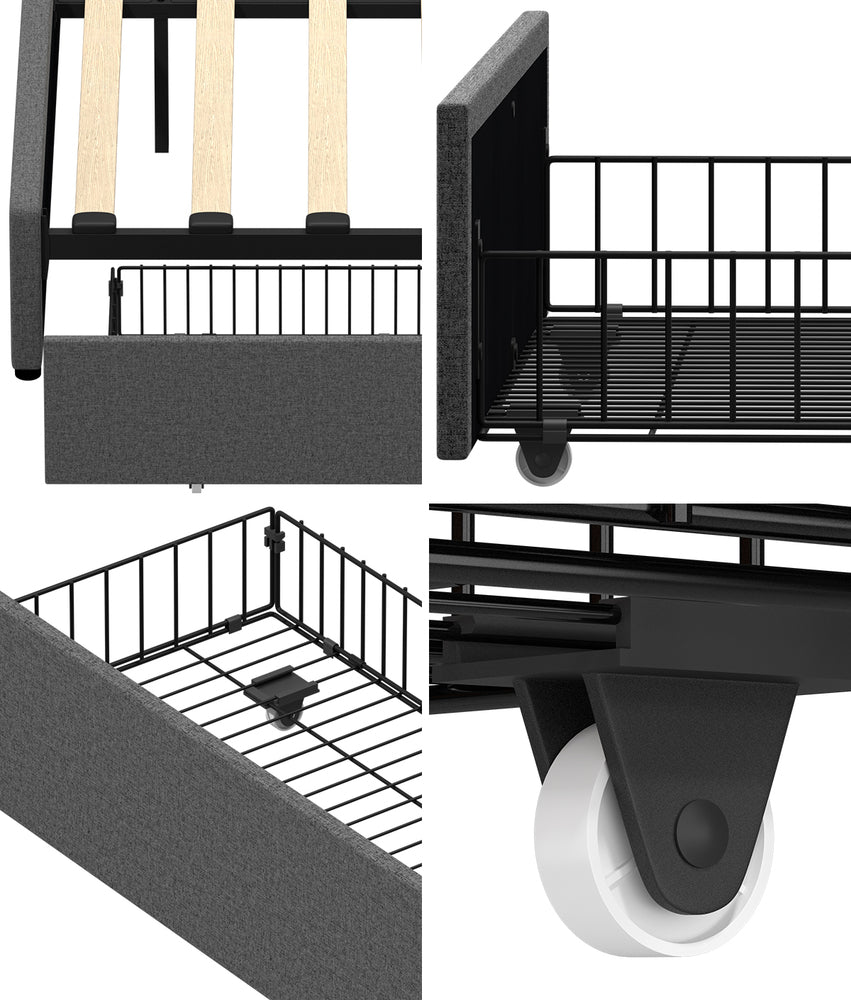 4x Trundle Drawers for Bed Frame w/ Wheels Storage Metal Grey