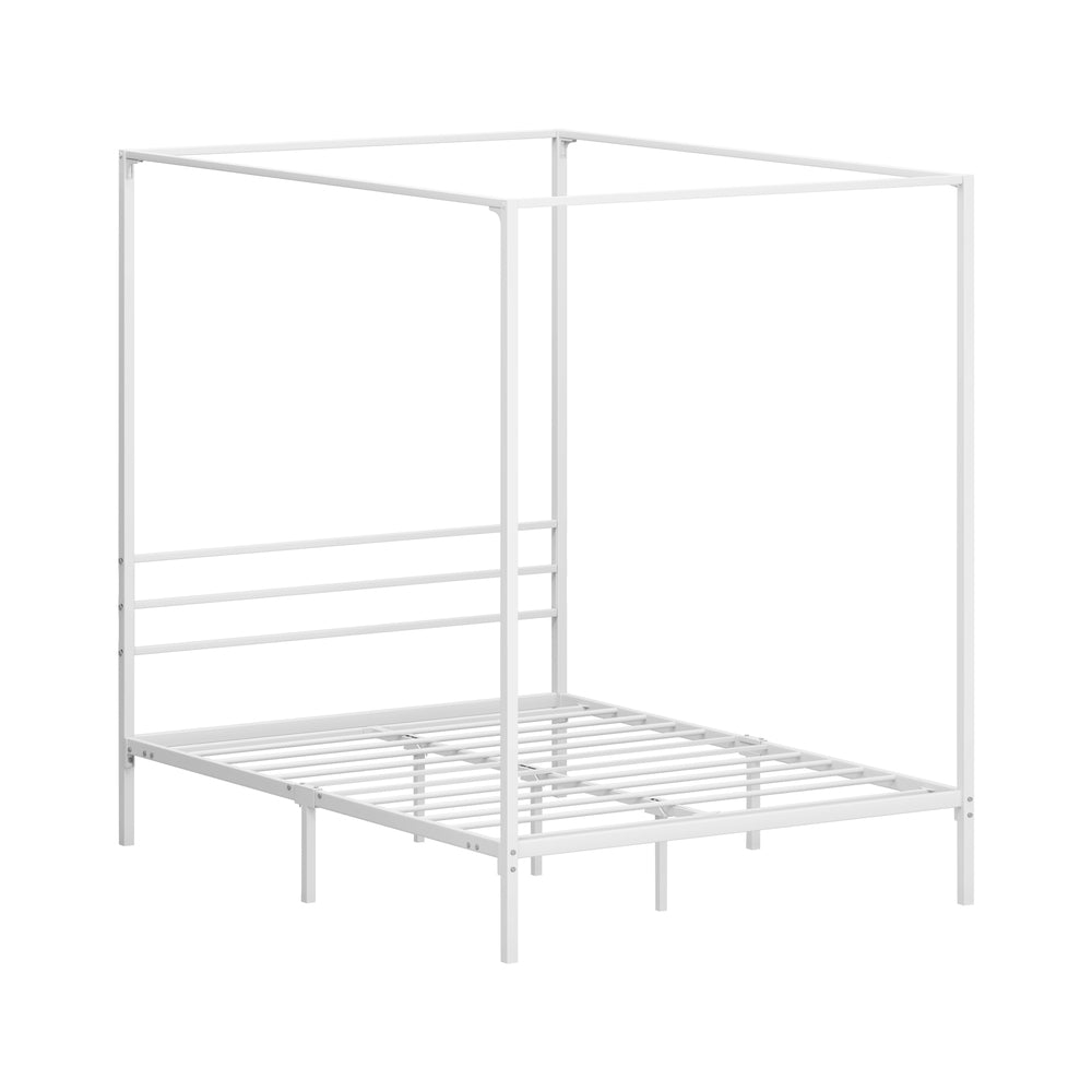 Canopy Bed Frame Double – White Metal Platform with 183cm Tall Frame