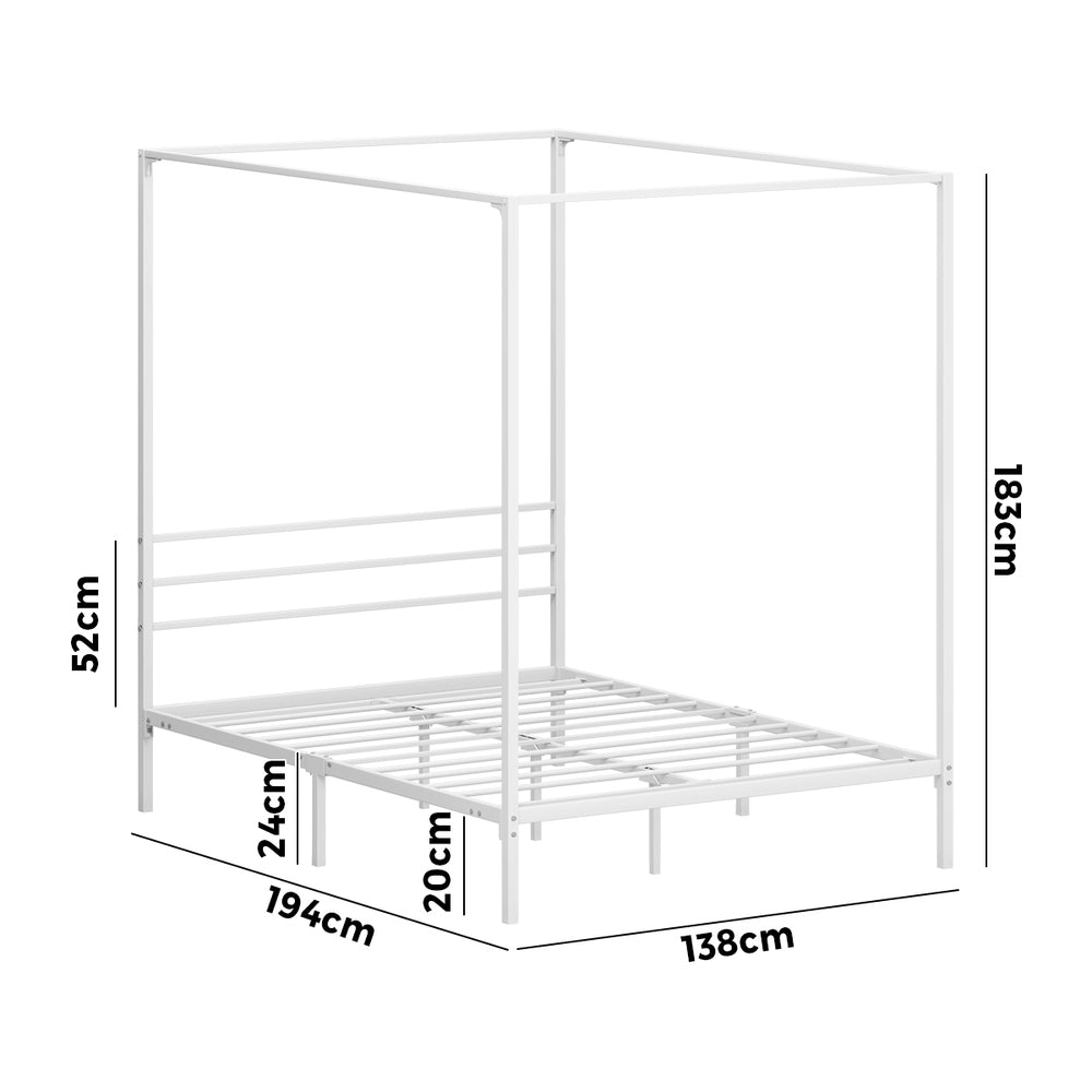 Canopy Bed Frame Double – White Metal Platform with 183cm Tall Frame