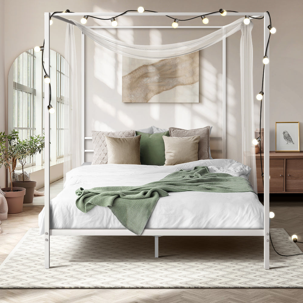 Canopy Bed Frame Double – White Metal Platform with 183cm Tall Frame