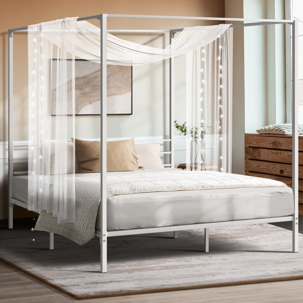 Canopy Bed Frame Queen – White Metal Platform with 183cm Tall Frame