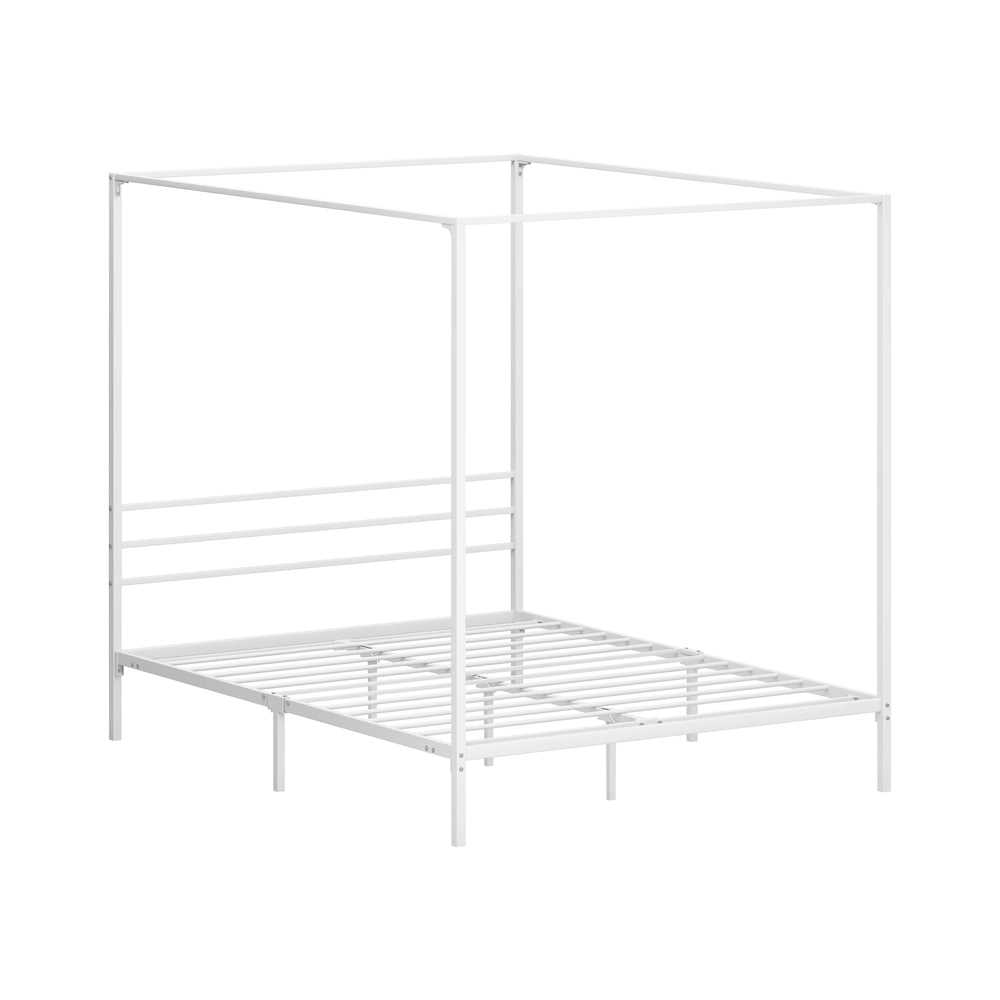 Canopy Bed Frame Queen – White Metal Platform with 183cm Tall Frame