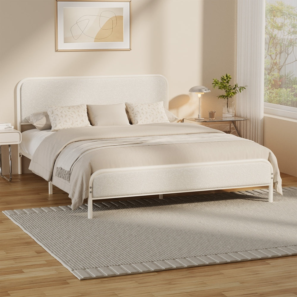 Oikiture Metal Bed Frame Queen Size Tufted Bedhead Boucle Beige