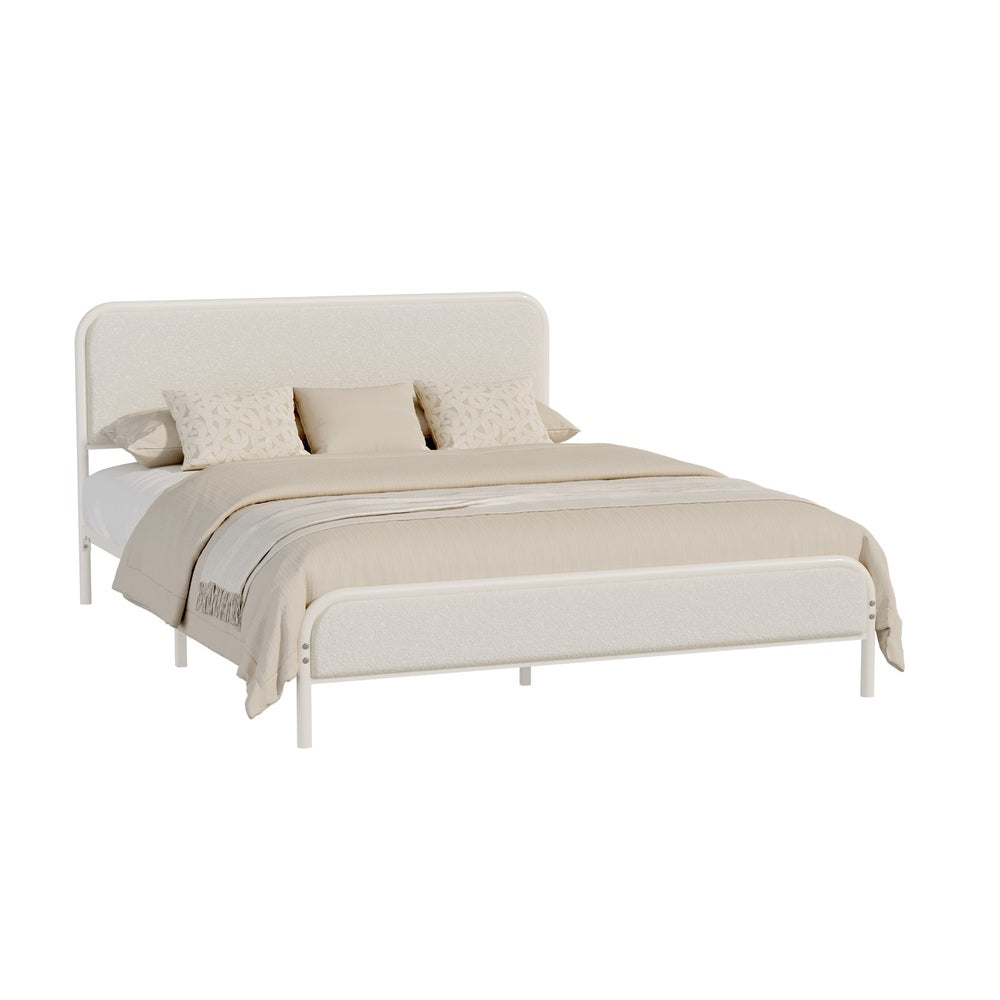 Oikiture Metal Bed Frame Queen Size Tufted Bedhead Boucle Beige