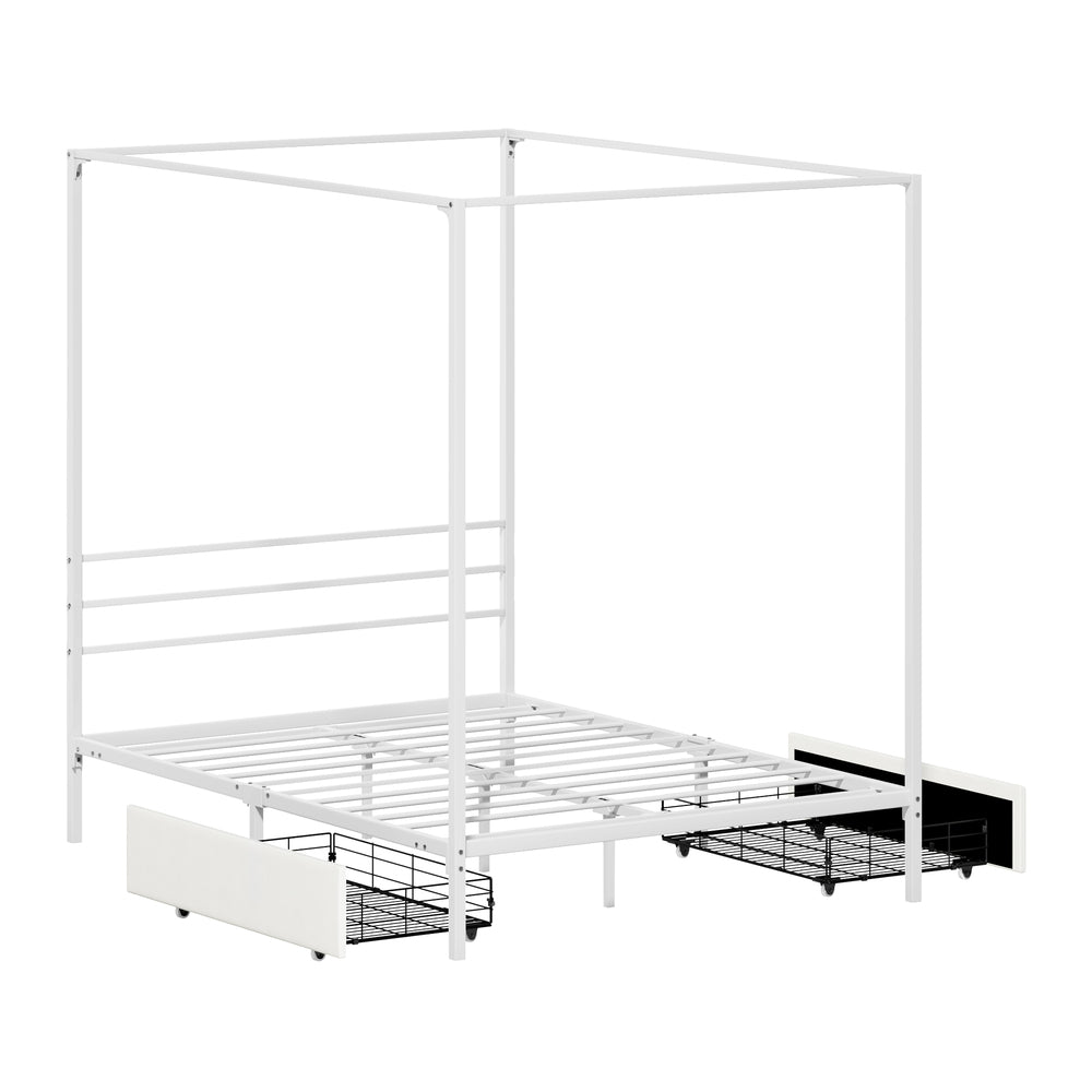 Canopy Double Bed Frame with 2 Drawers in White, Metal, 300kg