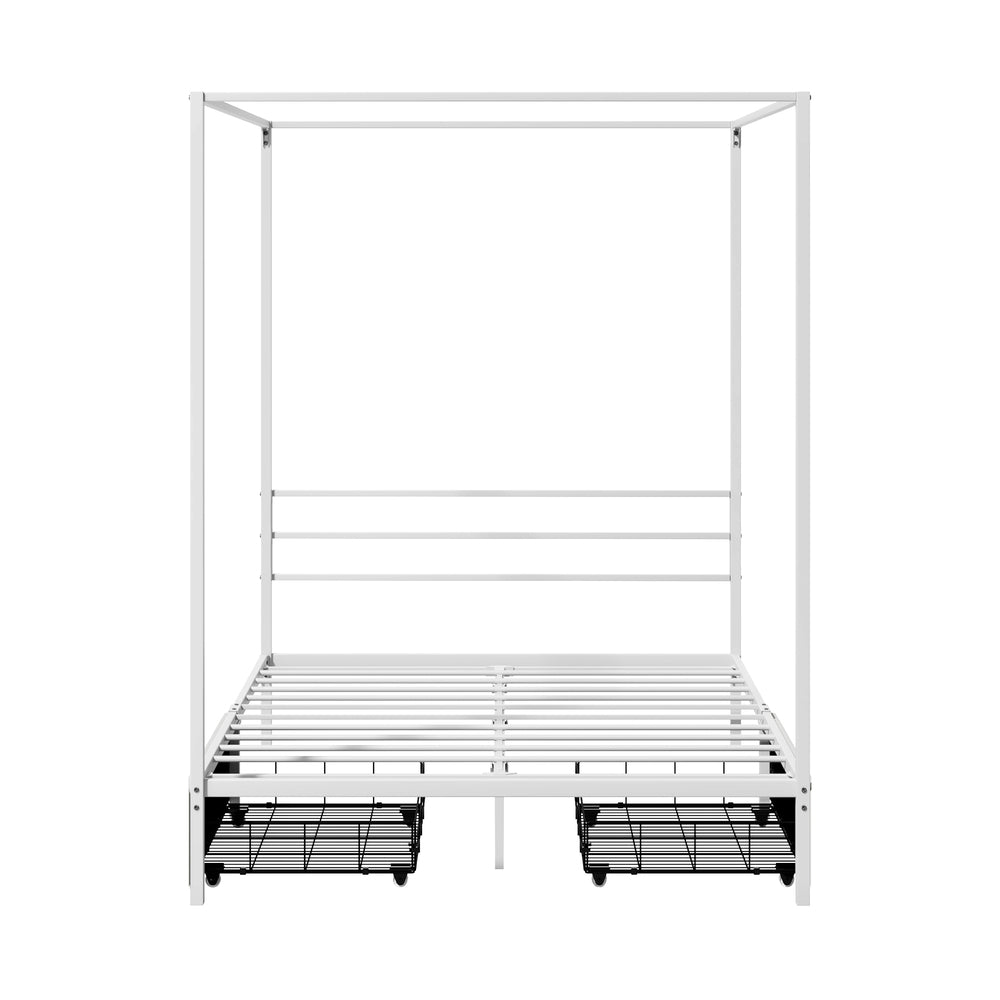 Canopy Double Bed Frame with 2 Drawers in White, Metal, 300kg