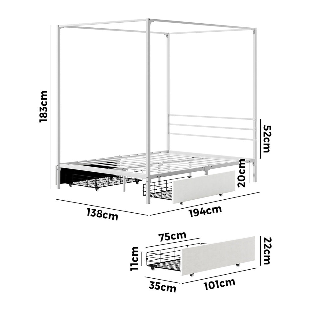Canopy Double Bed Frame with 2 Drawers in White, Metal, 300kg