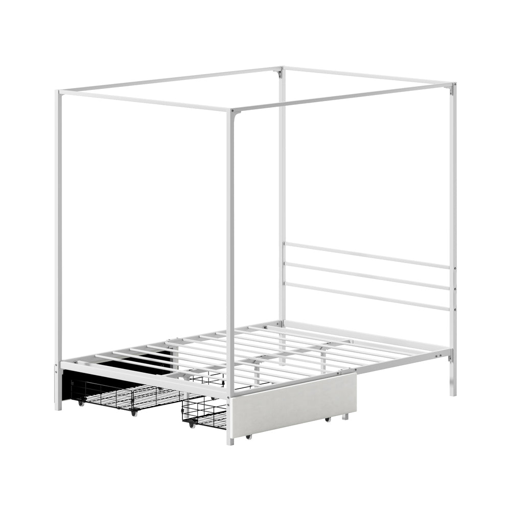 Canopy Double Bed Frame with 2 Drawers in White, Metal, 300kg