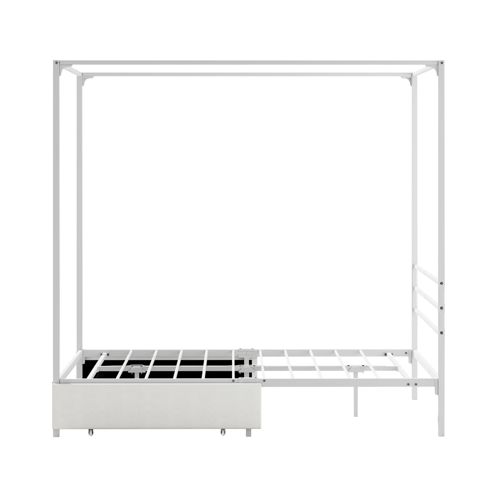 Canopy Double Bed Frame with 2 Drawers in White, Metal, 300kg