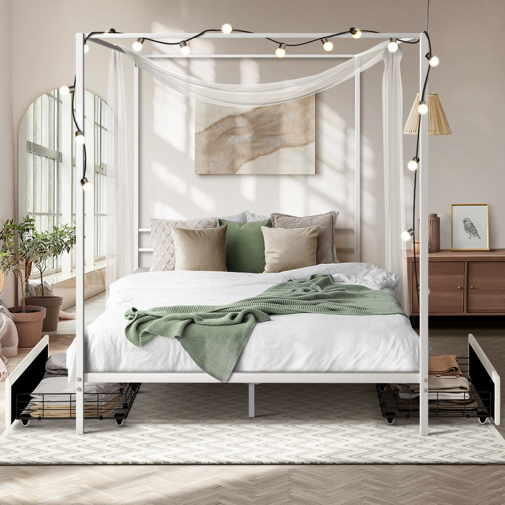 Canopy Double Bed Frame with 2 Drawers in White, Metal, 300kg