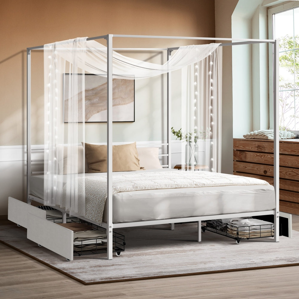 Canopy Queen Bed Frame with 4 Drawers White