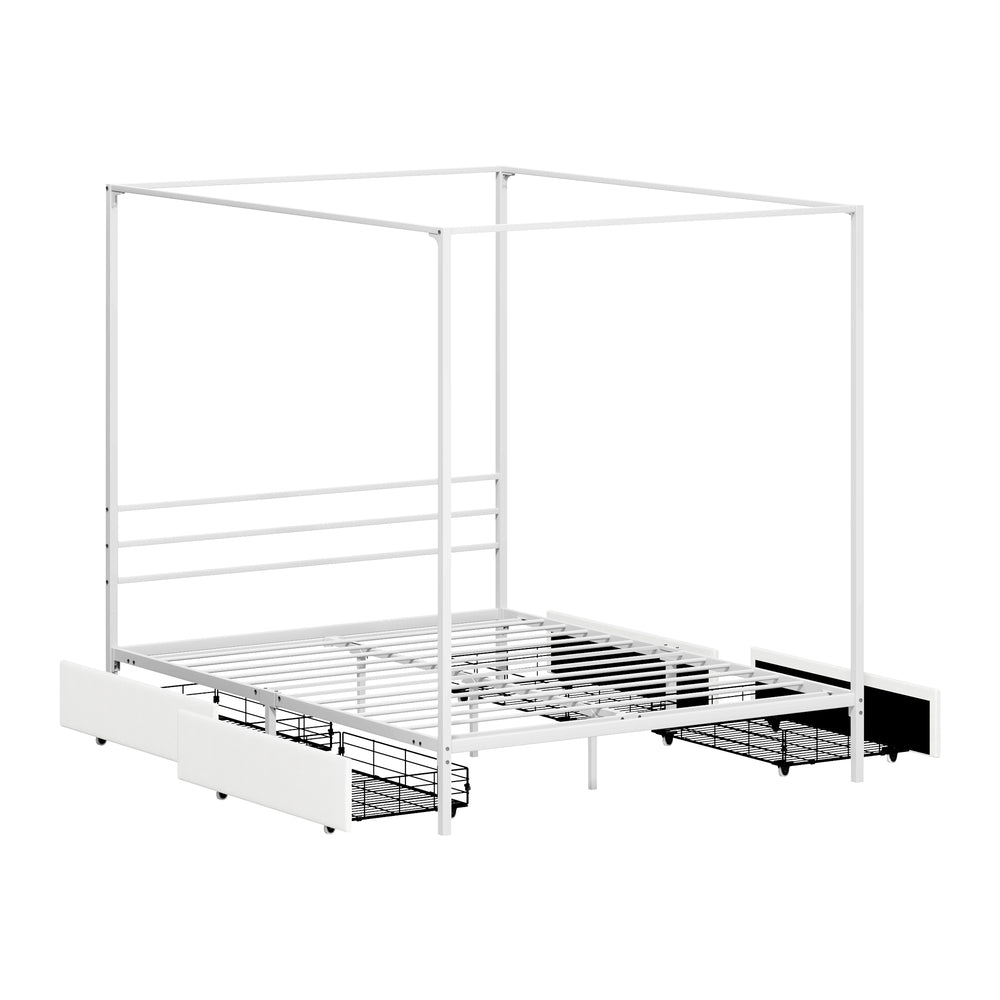 Canopy Queen Bed Frame with 4 Drawers White
