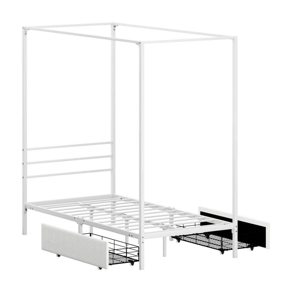 Canopy Single Bed Frame with 2 Drawers White